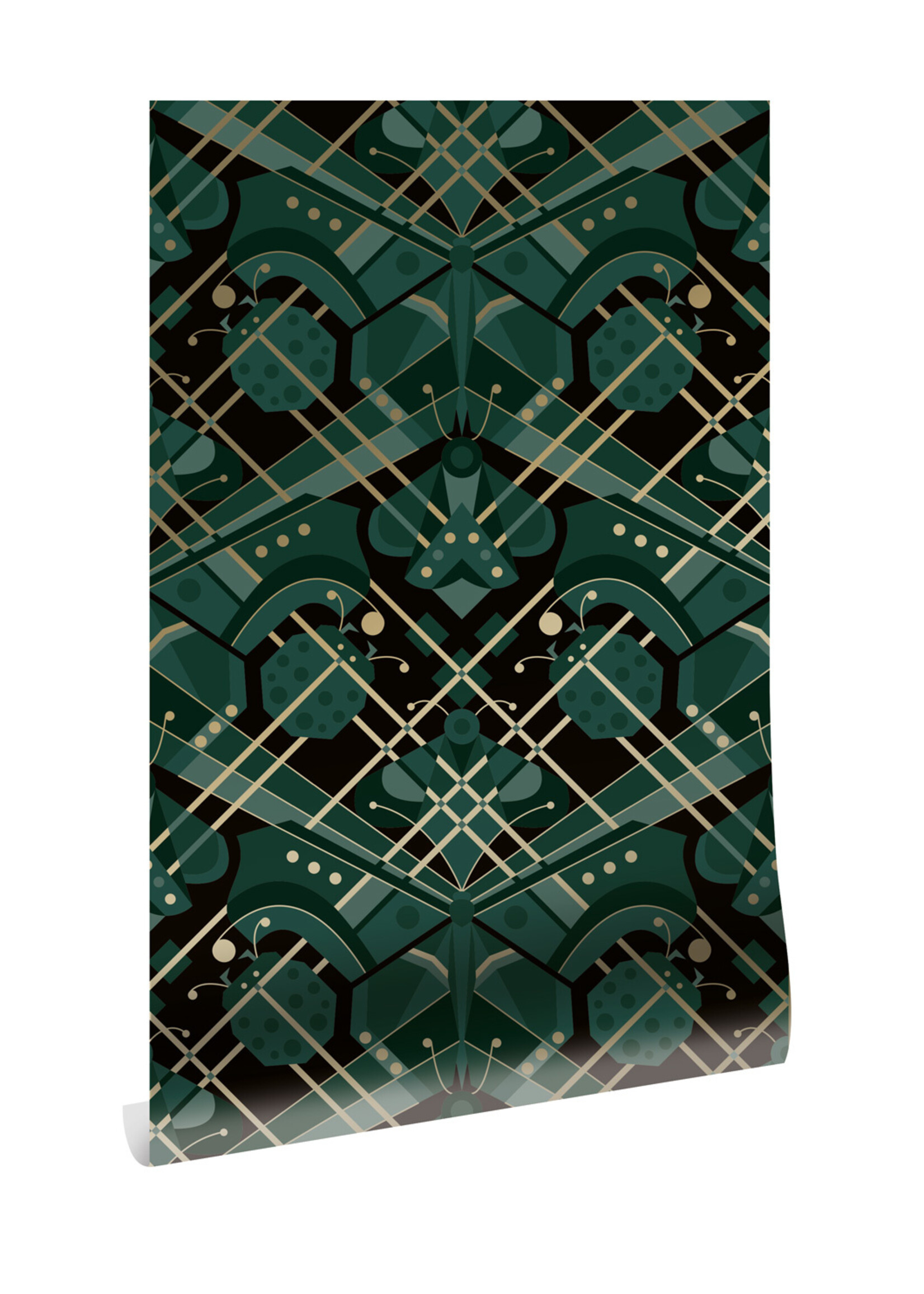 Gold metallic wallpaper Art Déco Animaux, Butterfly, Green, 50 cm x 10 m
