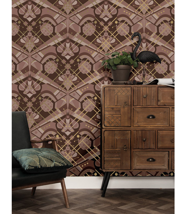 Goud behang Art Déco Animaux, Butterfly, Taupe, 50 cm x 10 m