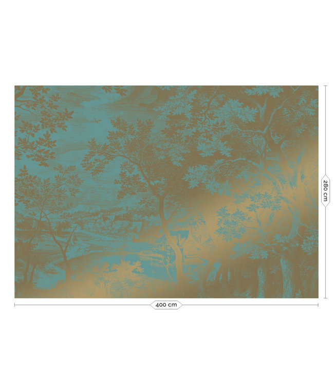 Goud behang Engraved Landscapes, Turquoise