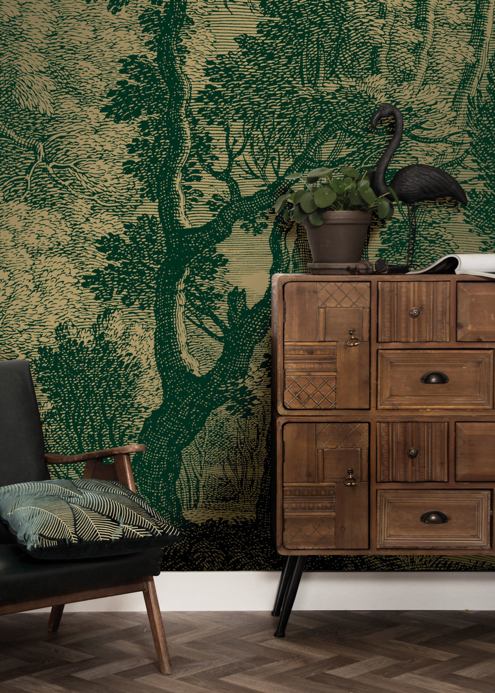 Gold metallic wall mural Engraved Landscapes, Dark green