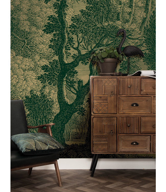 Goud behang Engraved Landscapes, Donkergroen