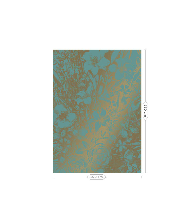 Goud behang Engraved Flowers, Turquoise