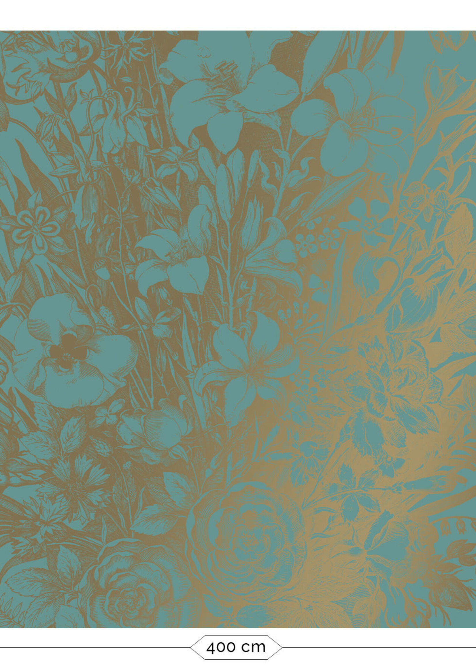 Goud behang Engraved Flowers, Turquoise