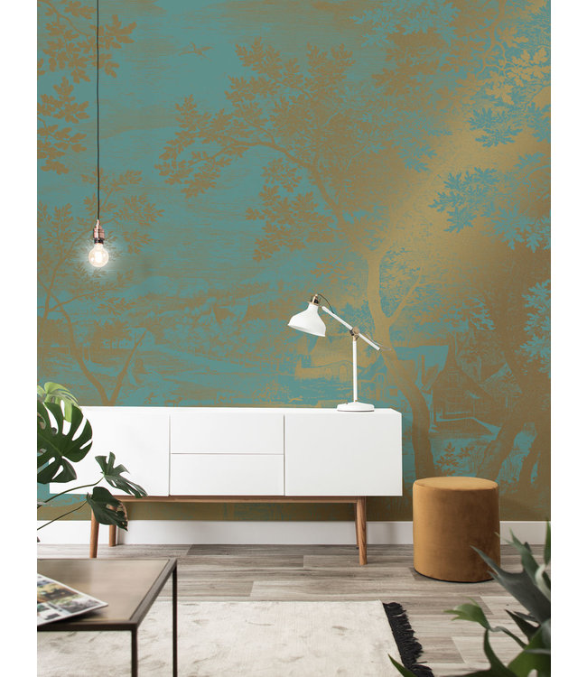 Goud behang Engraved Landscapes, Turquoise