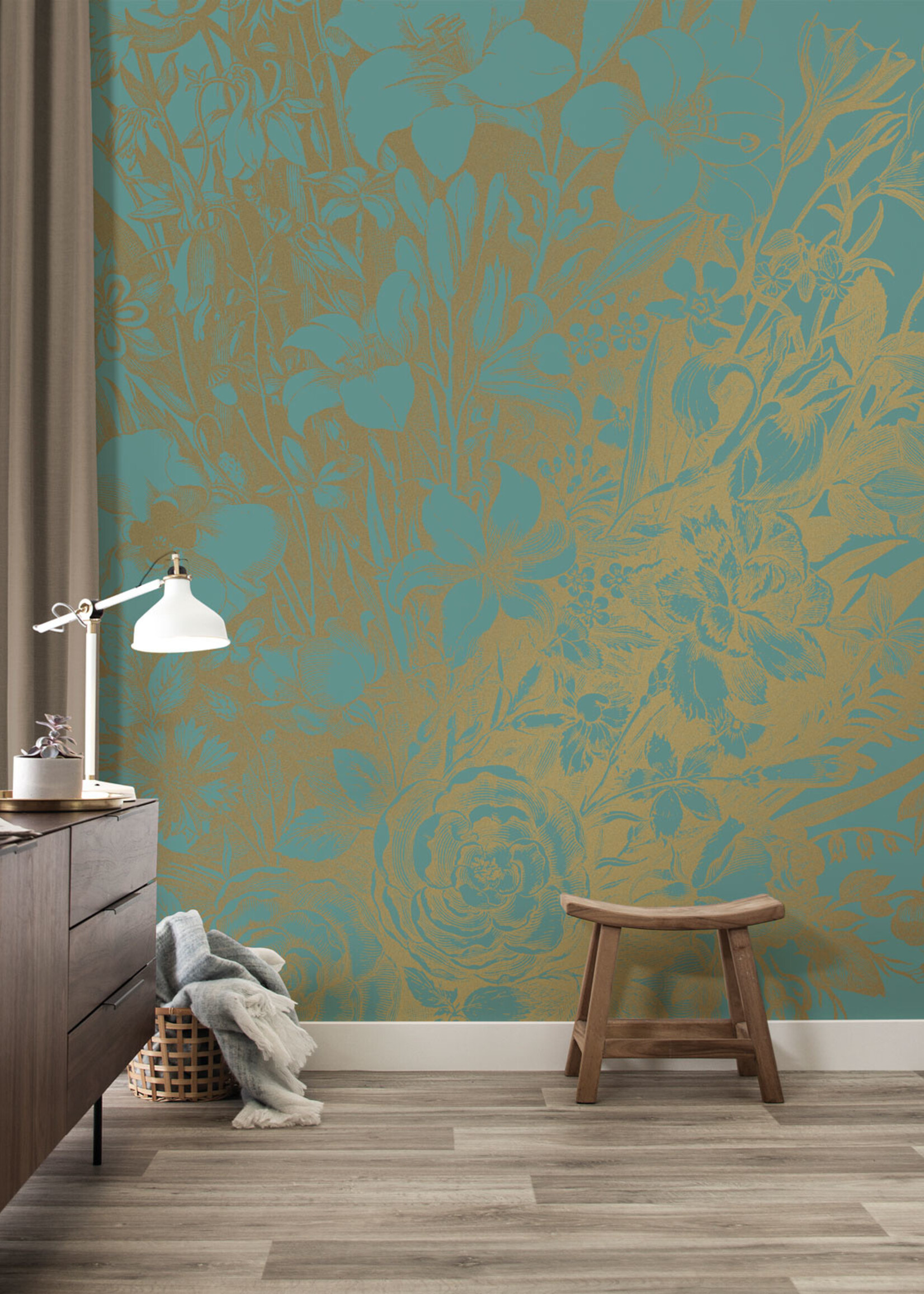 Gold metallics wall mural Engraved Flowers, Turquoise