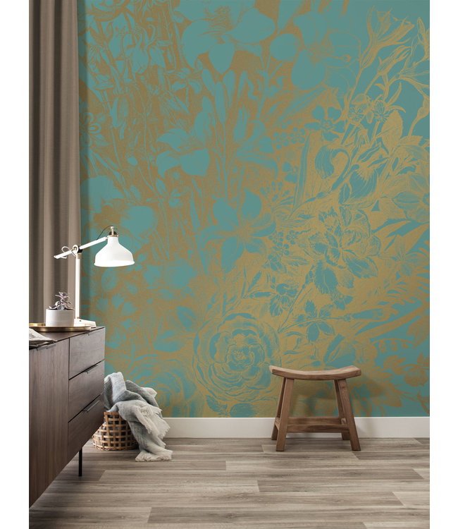 Goud metallic | Afwasbaar Gold metallics wall mural Engraved Flowers