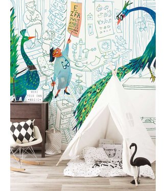 Wandvullend Wall Mural Green Peacocks