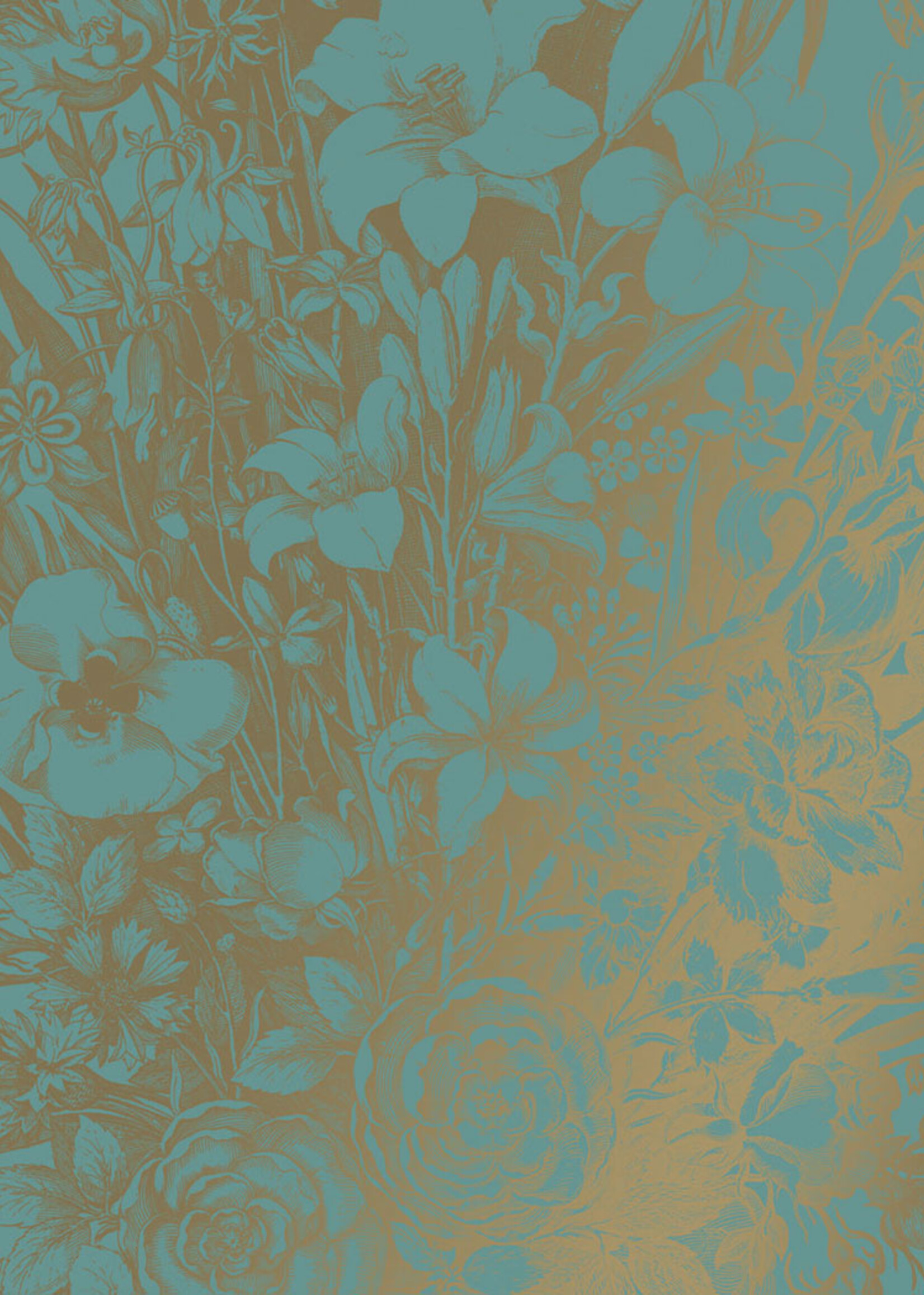 Gold metallics wall mural Engraved Flowers, Turquoise