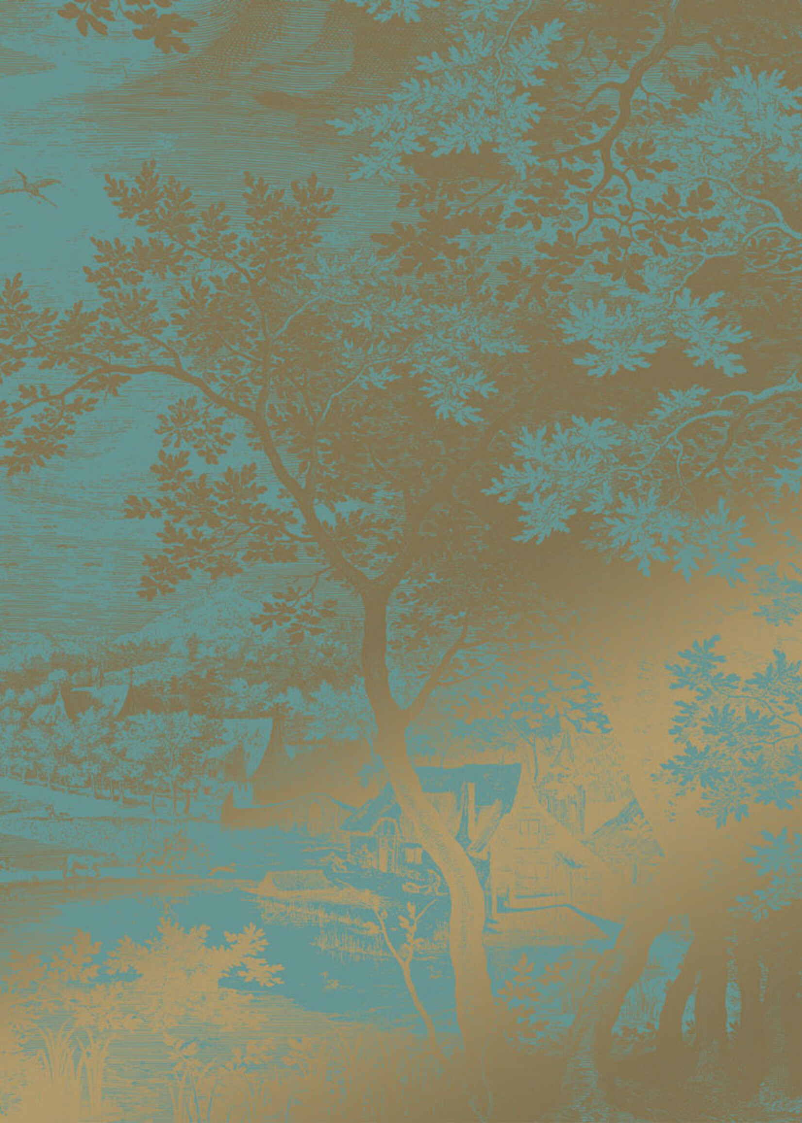 Goud behang Engraved Landscapes, Turquoise