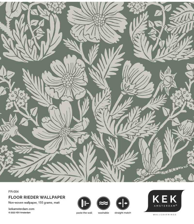 Behang met getekende bloemen patroon door Floor Rieder, Groen, 100 x 280 cm