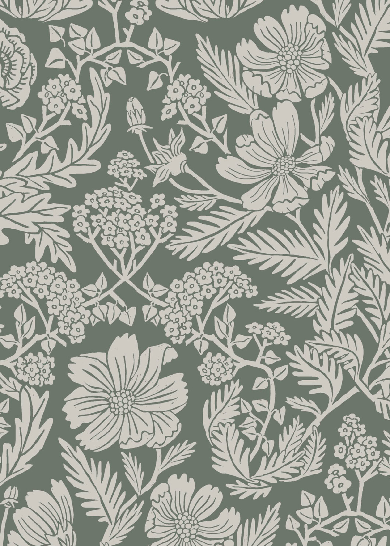 Wallpaper with drawn floral pattern by Floor Rieder, Green, 100 x 280 cm
