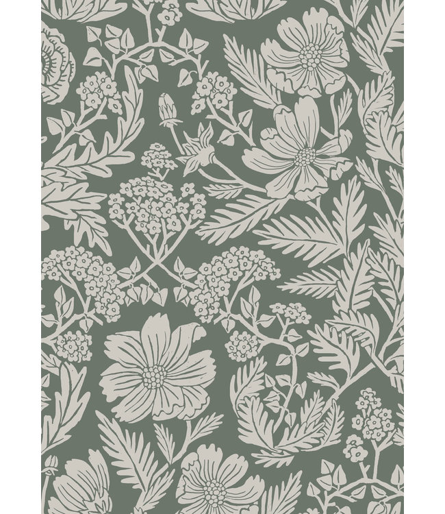 Behang met getekende bloemen patroon door Floor Rieder, Groen, 100 x 280 cm