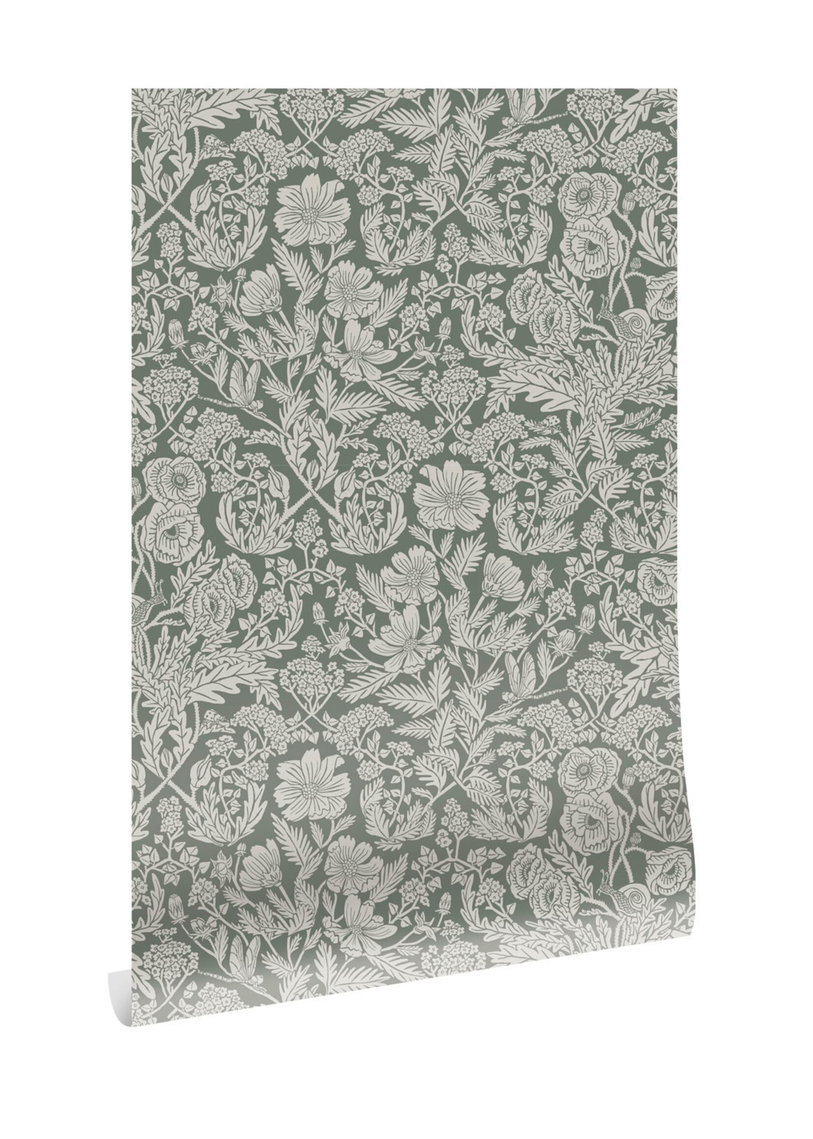 Wallpaper with drawn floral pattern by Floor Rieder, Green, 100 x 280 cm