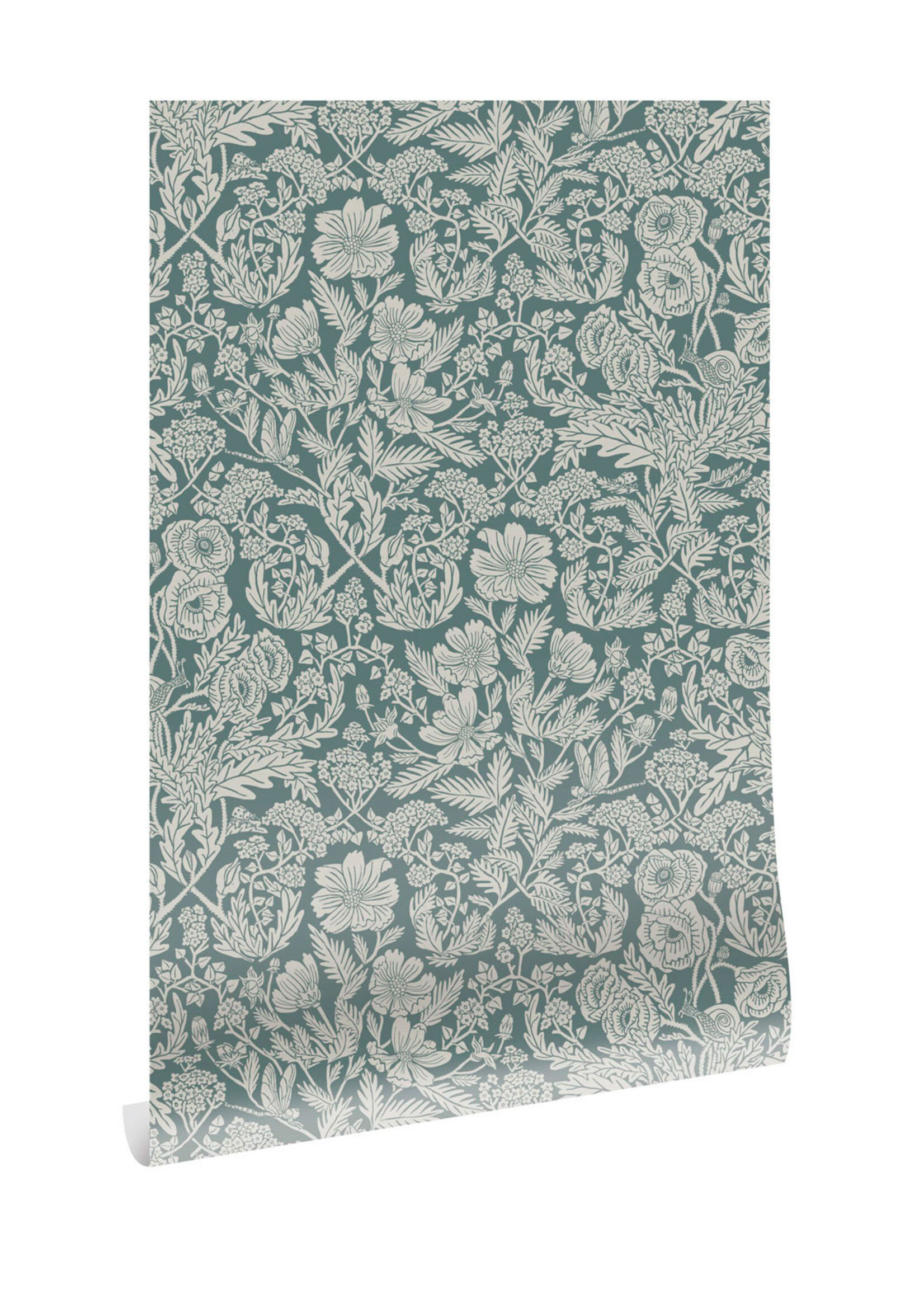 Wallpaper with drawn floral pattern by Floor Rieder, Blue, 100 x 280 cm
