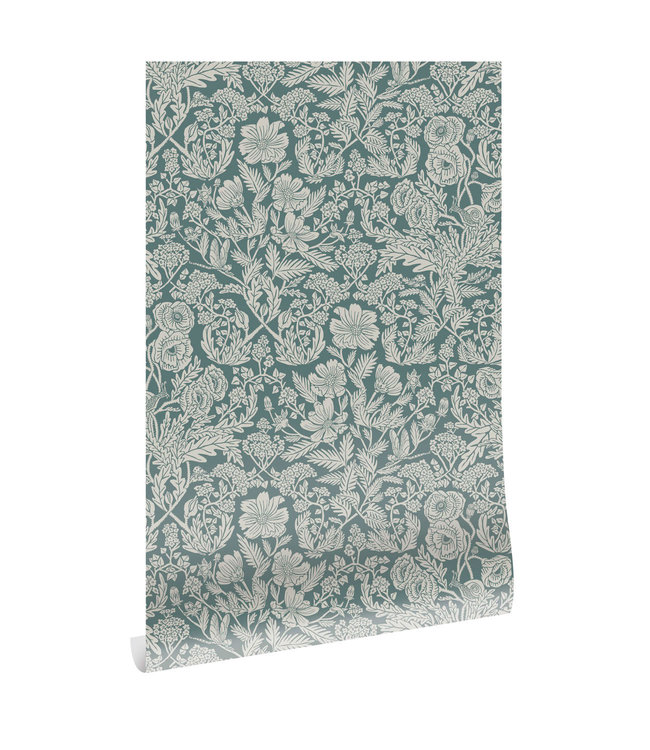 Wallpaper with drawn floral pattern by Floor Rieder, Blue, 100 x 280 cm
