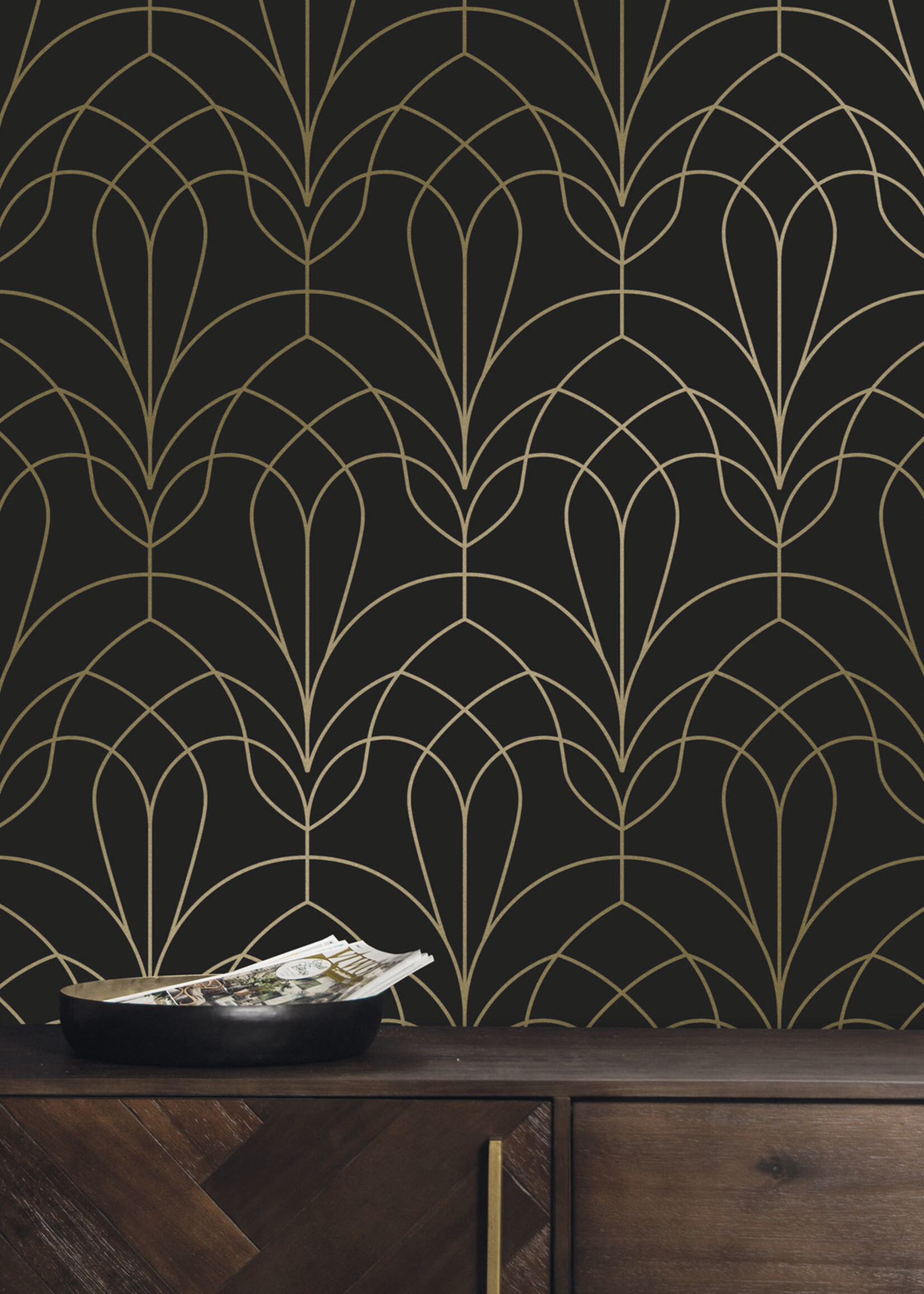 Goud metallic | Afwasbaar Golden Lines, Tapete mit goldenen geometrischen Linien, Schwarz, Waschbar, 100 x 280 cm