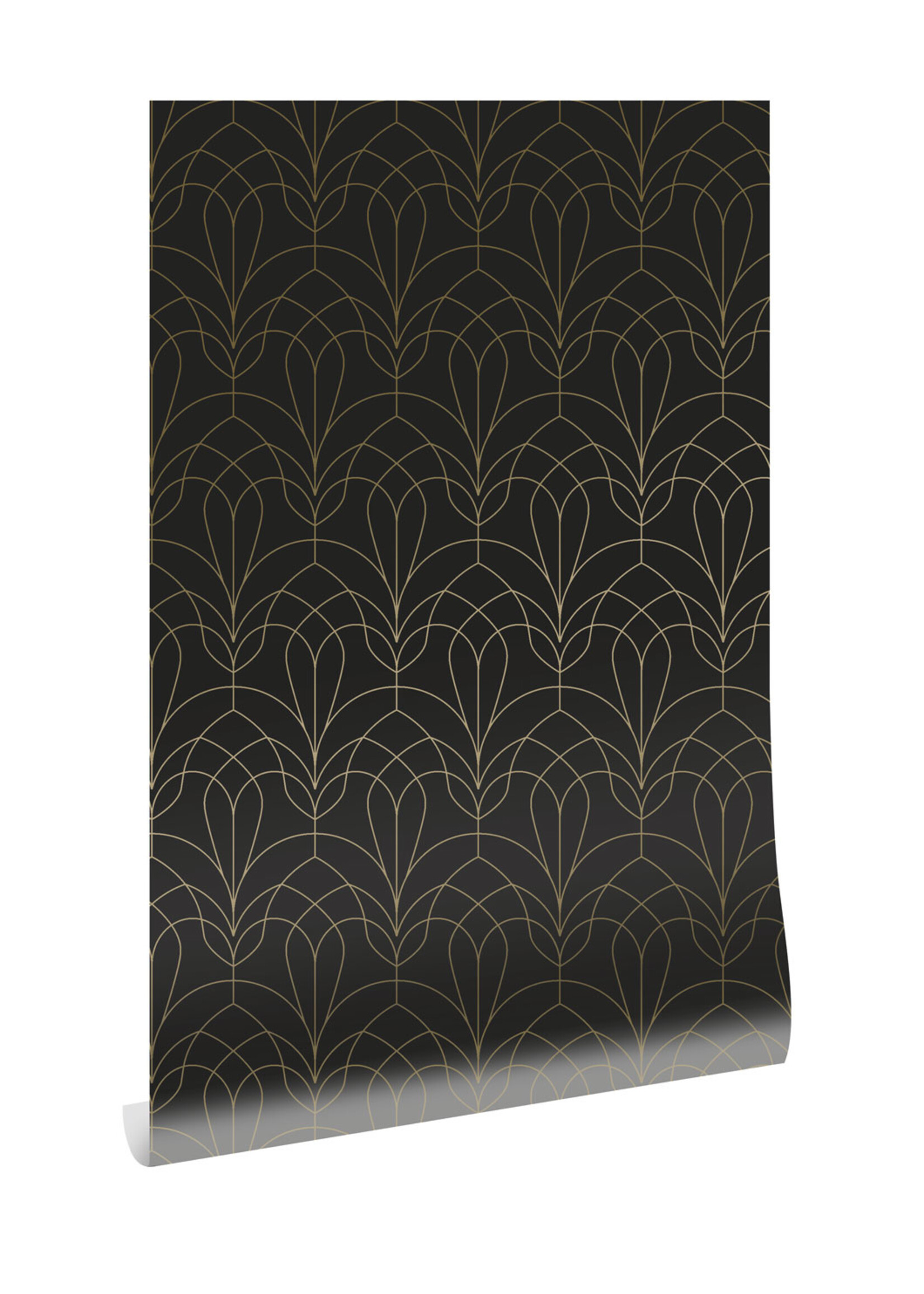 Goud metallic | Afwasbaar Golden Lines, Tapete mit goldenen geometrischen Linien, Schwarz, Waschbar, 100 x 280 cm