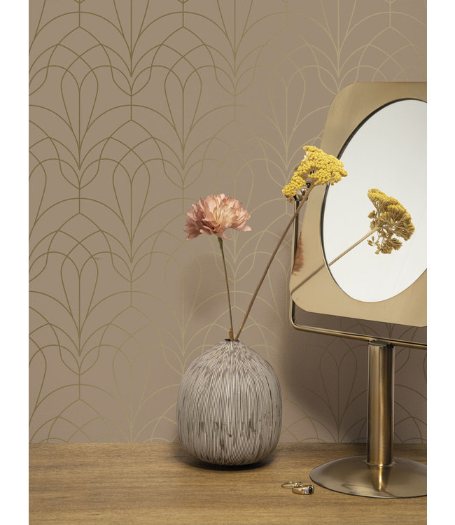 Golden Lines, Tapete mit goldenen geometrischen Linien, Rosa, Waschbar, 100 x 280 cm