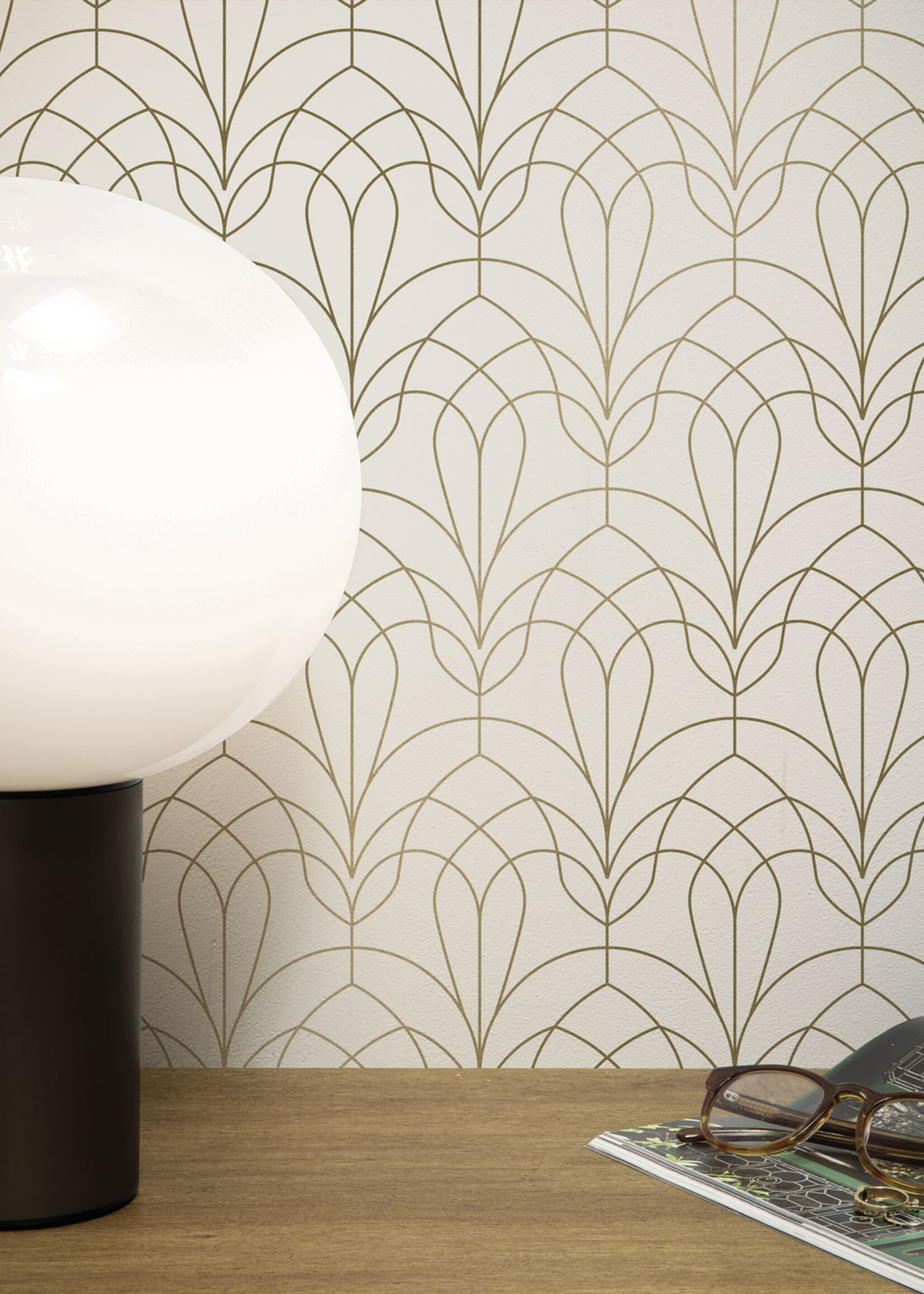 Goud metallic | Afwasbaar Golden Lines, Tapete mit goldenen geometrischen Linien, Grauweiß, Waschbar, 100 x 280 cm