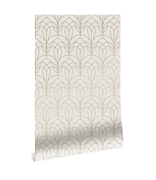 Golden Lines, Goud geometrisch lijnen behang, Off-white, Afwasbaar, 100 x 280 cm