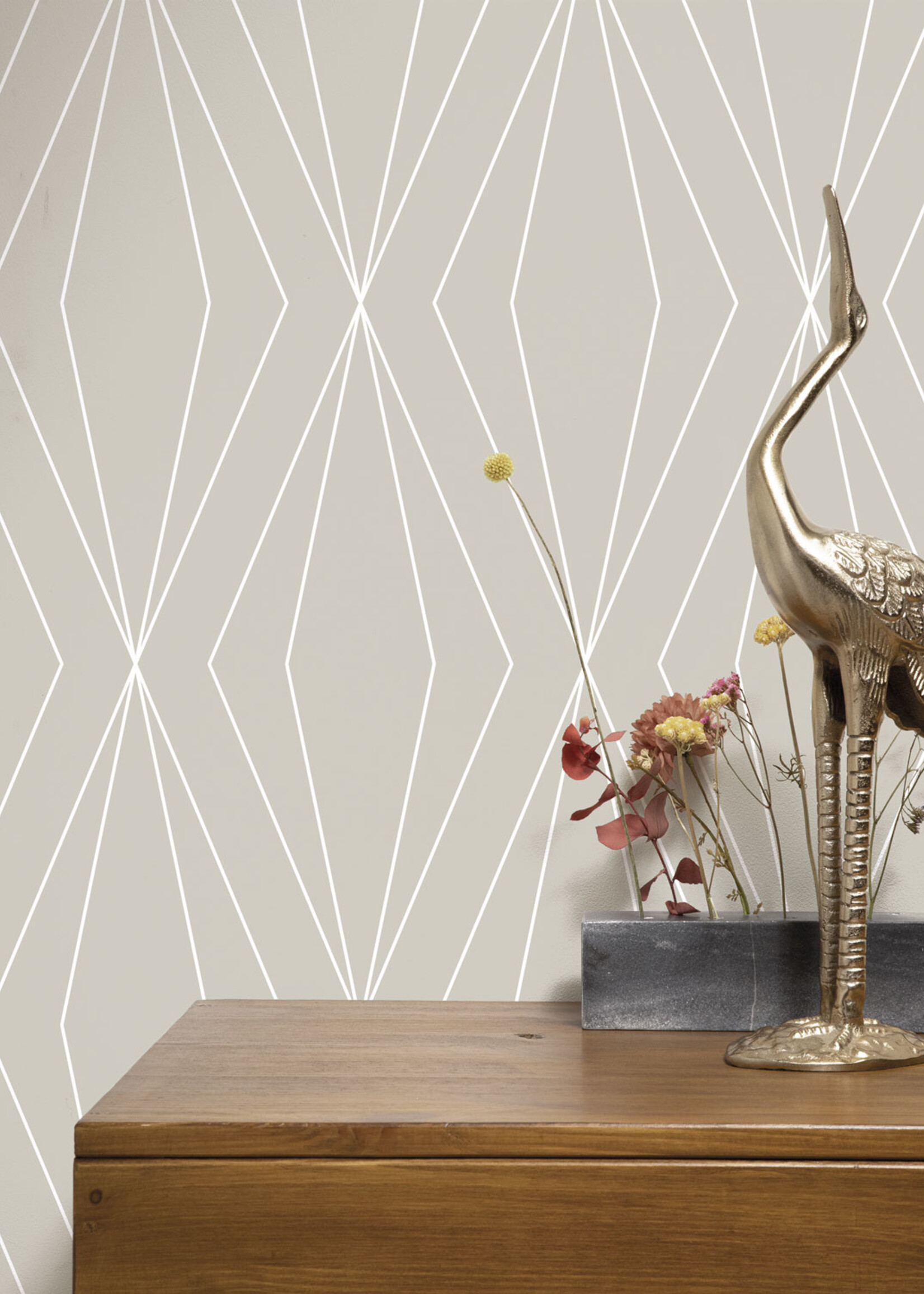 Herhaalbaar Graphic Lines, behang met grafische lijnen, Beige, 100 x 280 cm