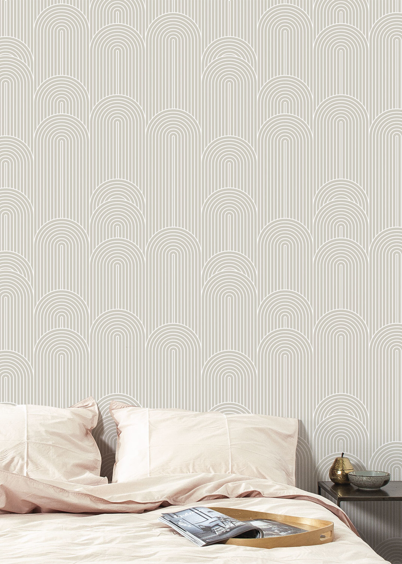 Herhaalbaar Graphic Lines, behang met grafische lijnen, Beige, 100 x 280 cm