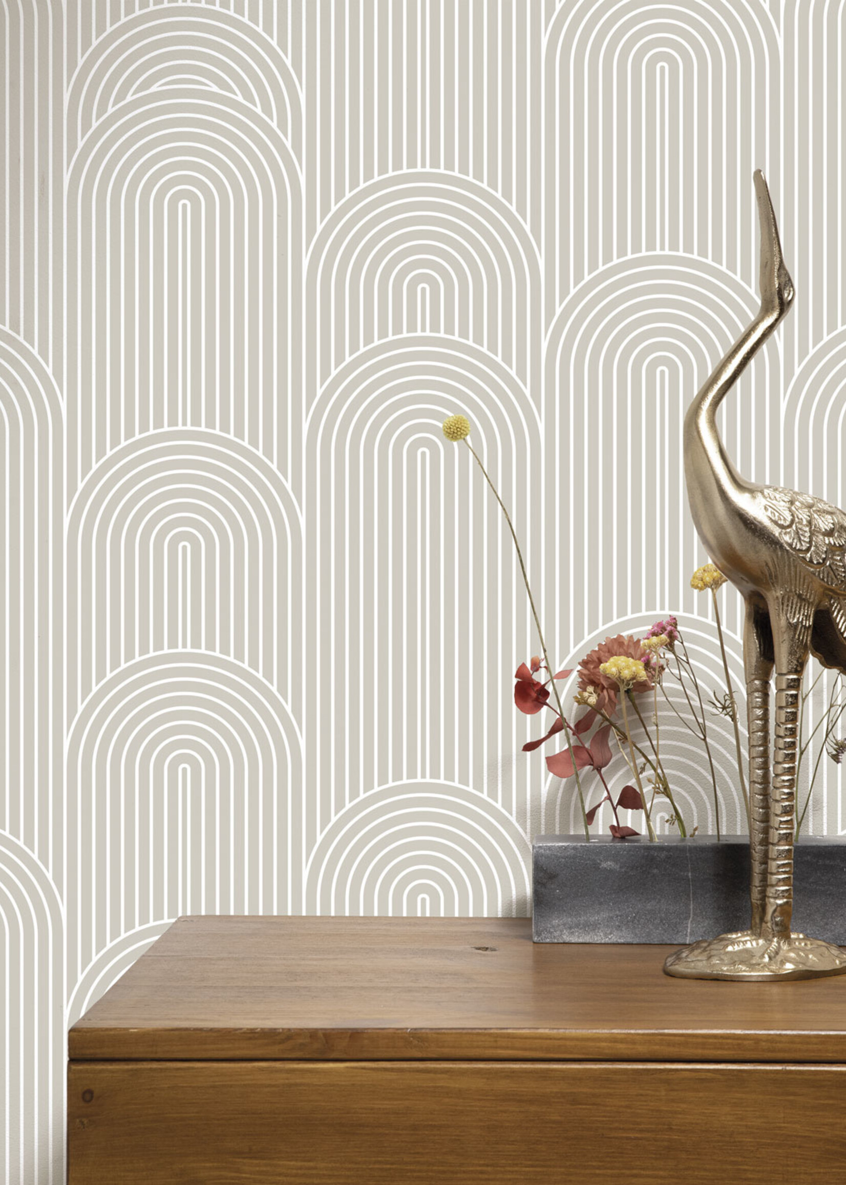 Herhaalbaar Graphic Lines, Tapete mit grafischen Linien, Beige, 100 x 280 cm