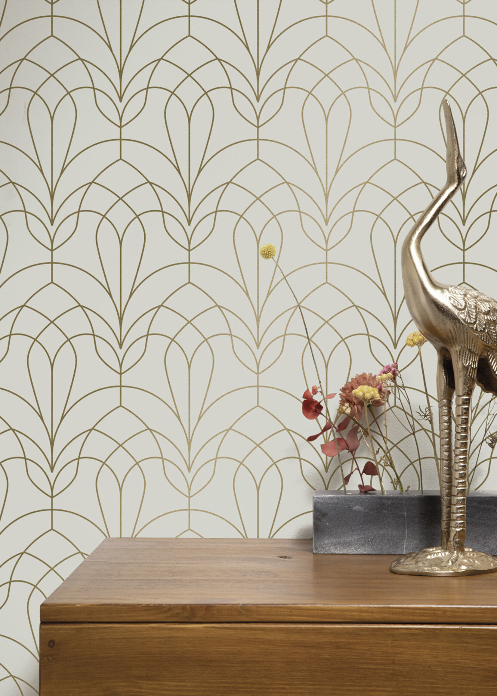 Goud metallic | Afwasbaar Golden Lines, Gold geometric lines wallpaper, Sand, Washable, 100 x 280 cm