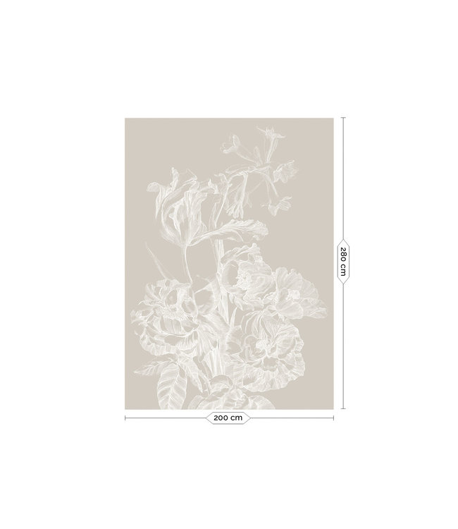 Engraved Flowers, behang met getekende bloemen, Grijs, Afwasbaar