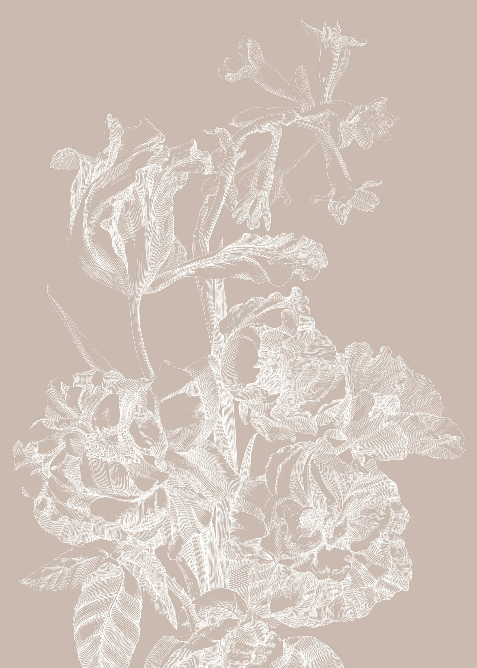 Wandvullend Engraved Flowers, behang met getekende bloemen, Zand