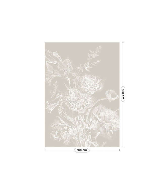 Engraved Flowers, behang met getekende bloemen, Grijs, Afwasbaar