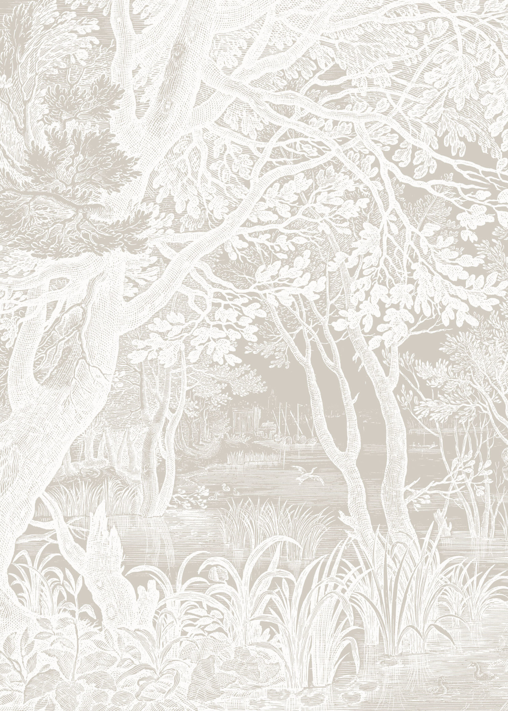 Wandvullend Engraved Landscapes, behang met getekend landschap, Grijs