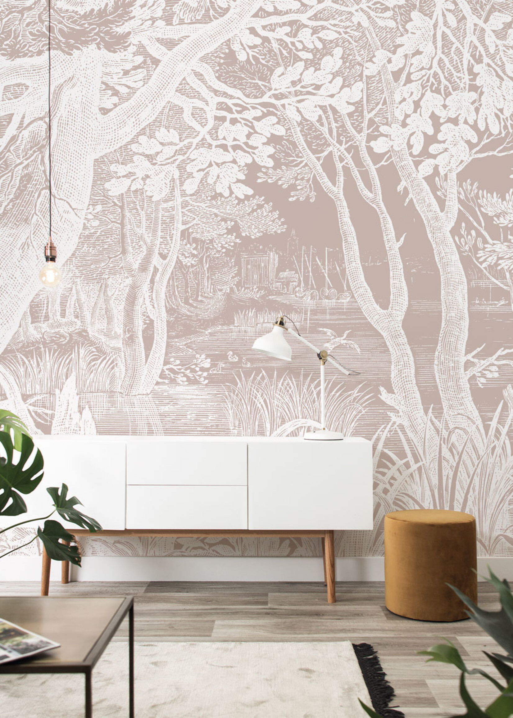 Wandvullend Engraved Landscapes, behang met getekend landschap, Nude