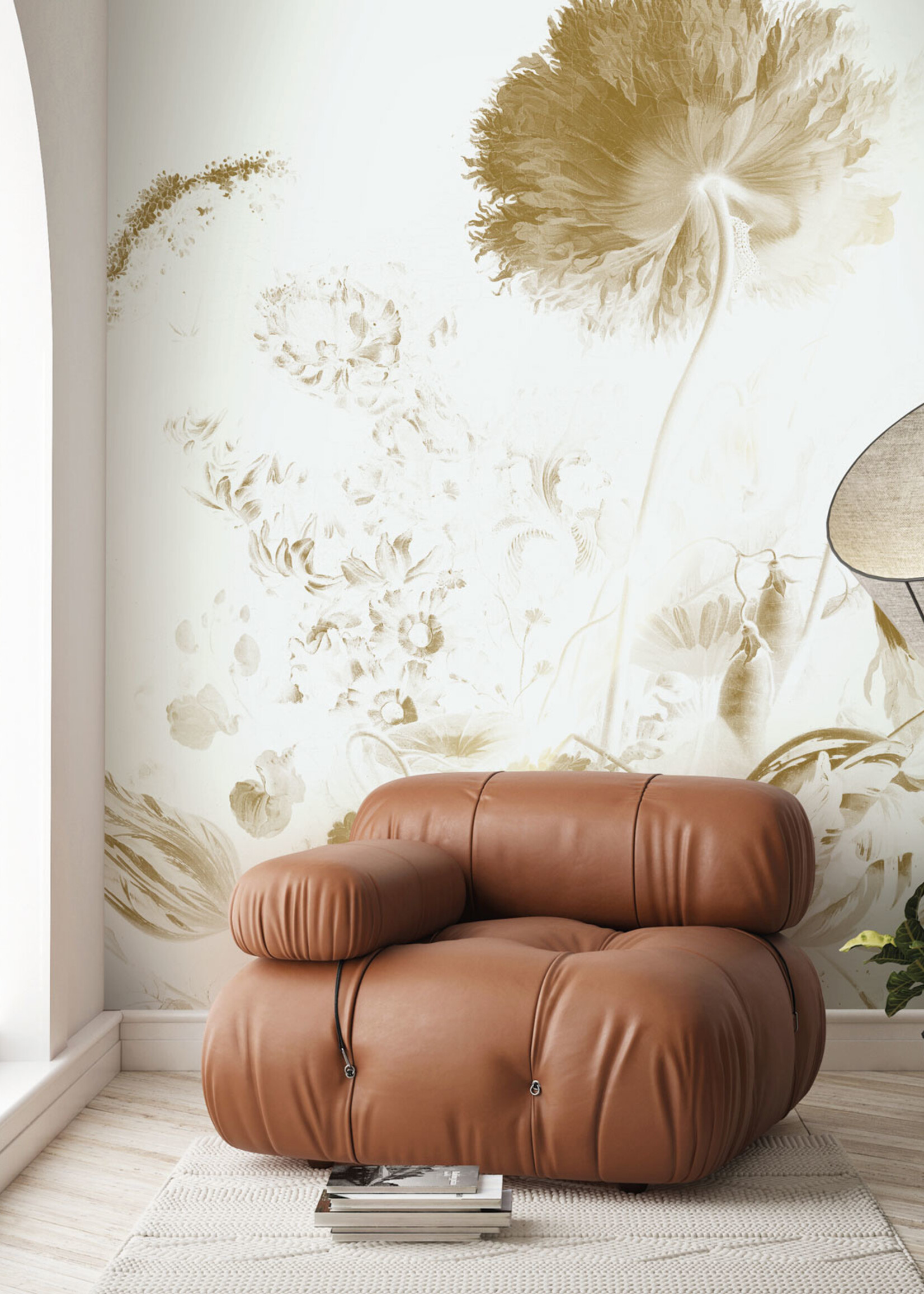Gold metallics wall mural Golden Age Flowers, Off-white
