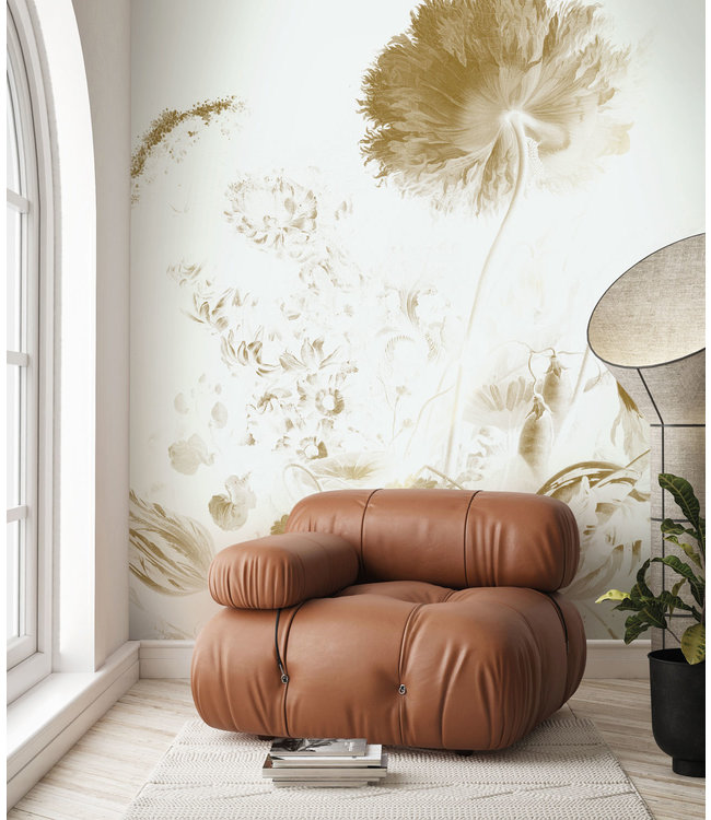 Gold metallics wall mural Golden Age Flowers, Off-white