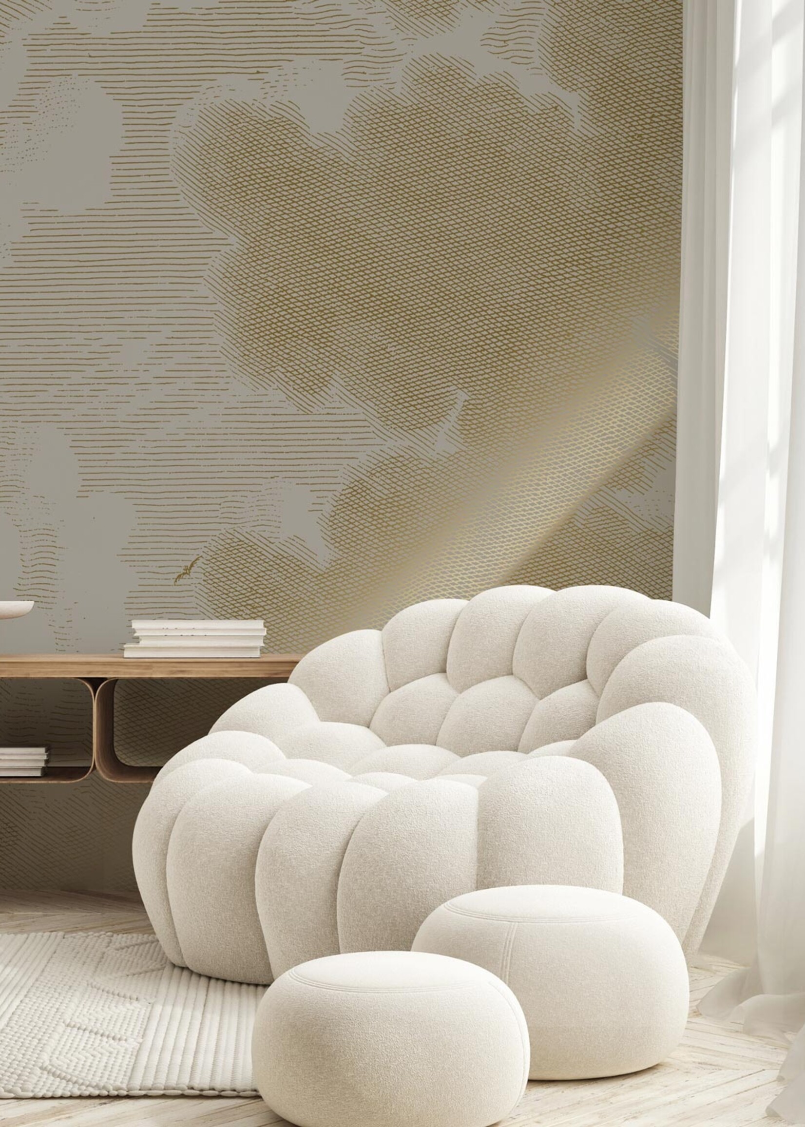 Goud metallic | Afwasbaar Gold-Tapete Engraved Clouds, Grau