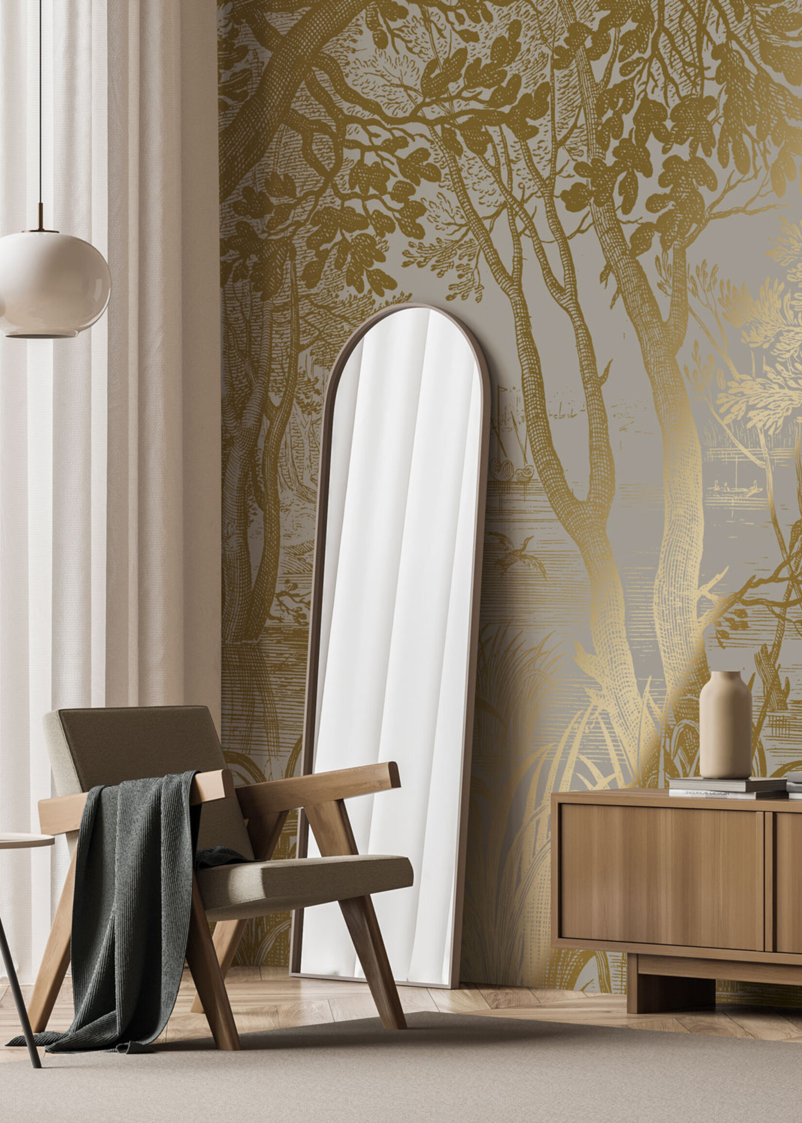 Goud metallic | Afwasbaar Gold-Tapete Engraved Landscapes, Grau