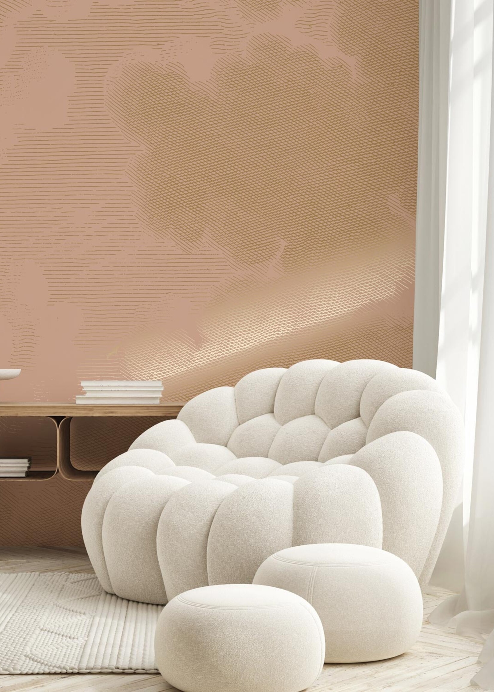 Goud metallic | Afwasbaar Goud behang Engraved Clouds, Nude