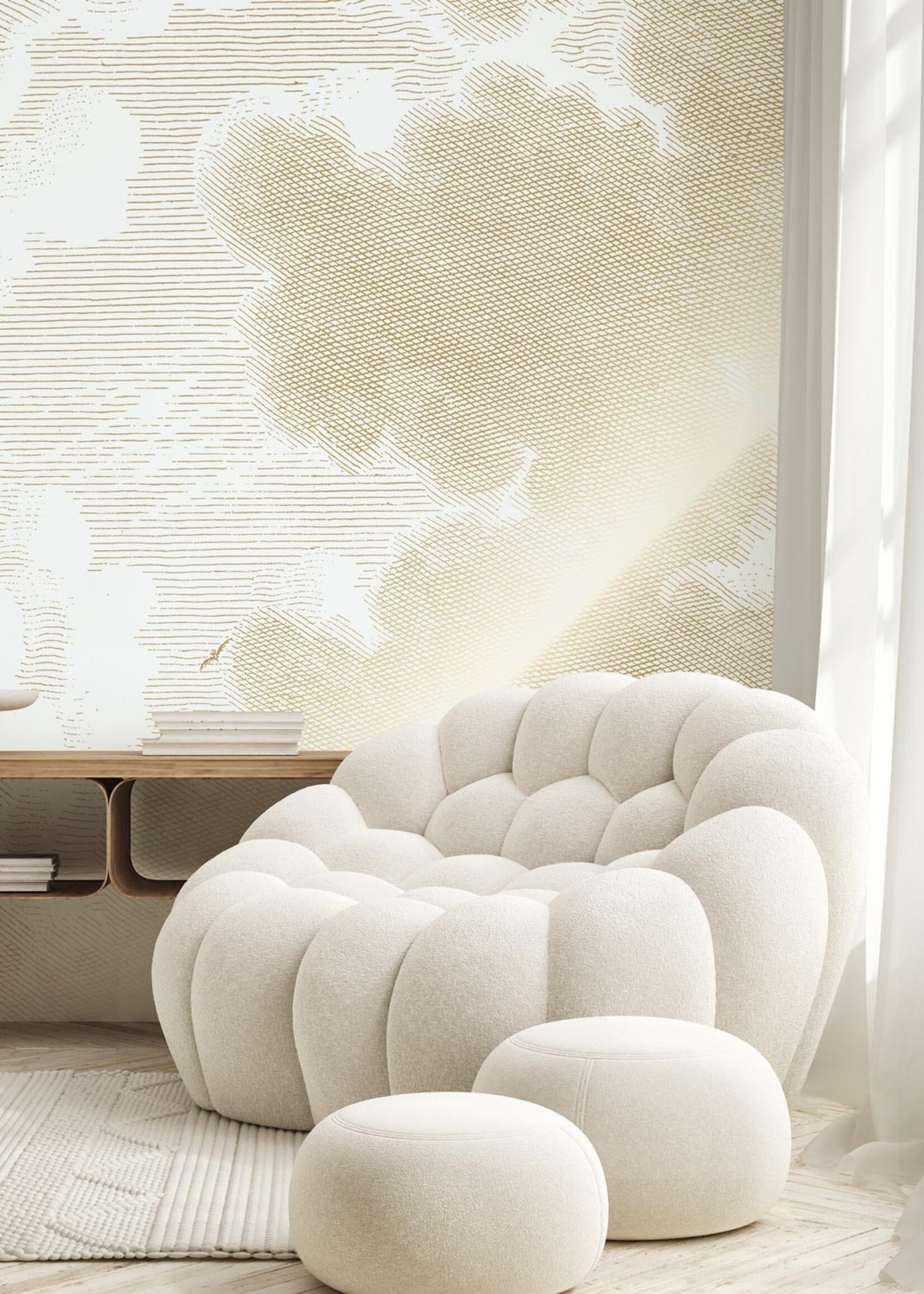 Goud metallic | Afwasbaar Gold-Tapete Engraved Clouds, Grauweiß