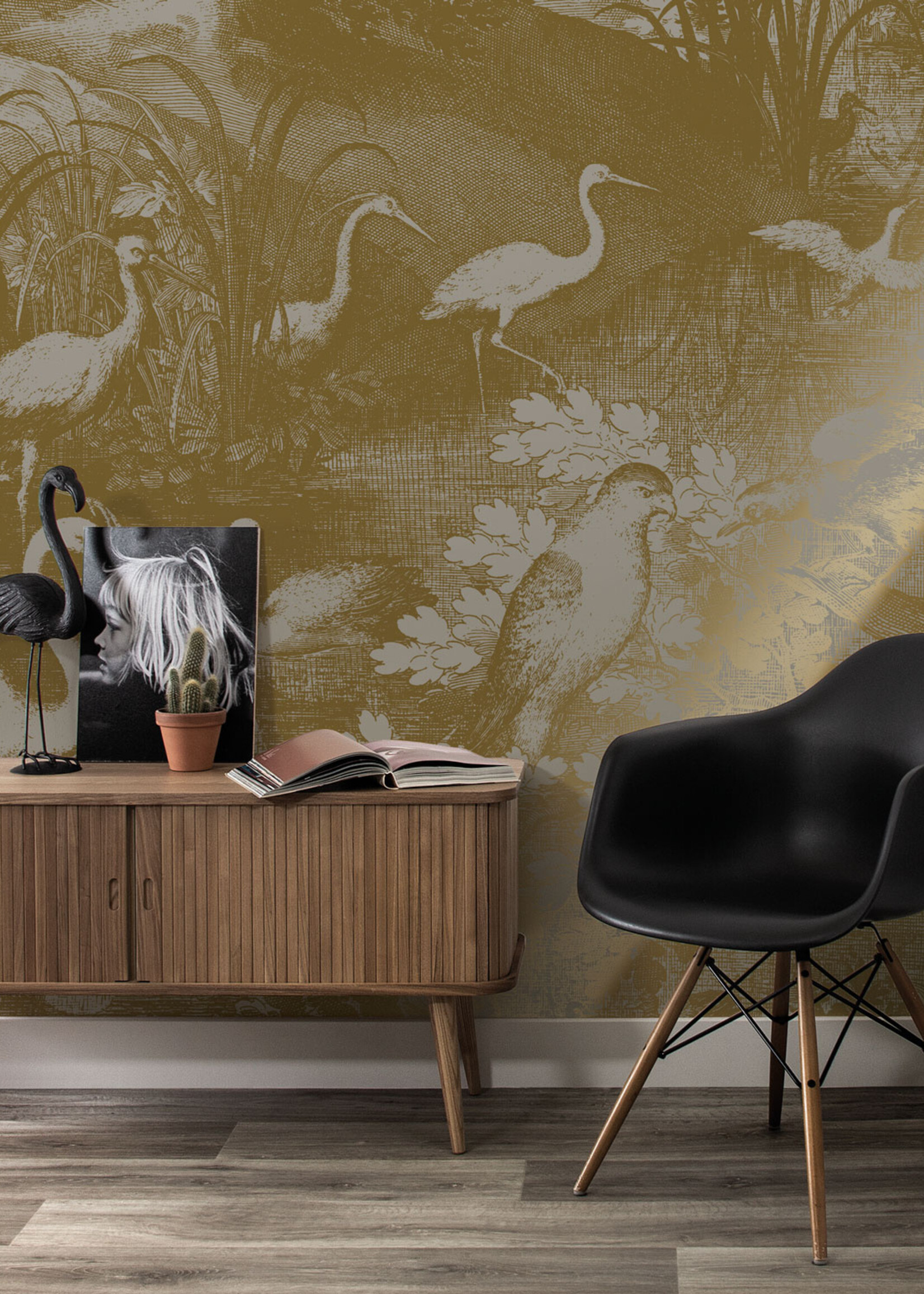 Goud metallic | Afwasbaar Gold-Tapete Engraved Landscapes, Grau