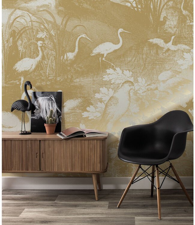 Goud metallic | Afwasbaar Gold-Tapete Engraved Landscapes