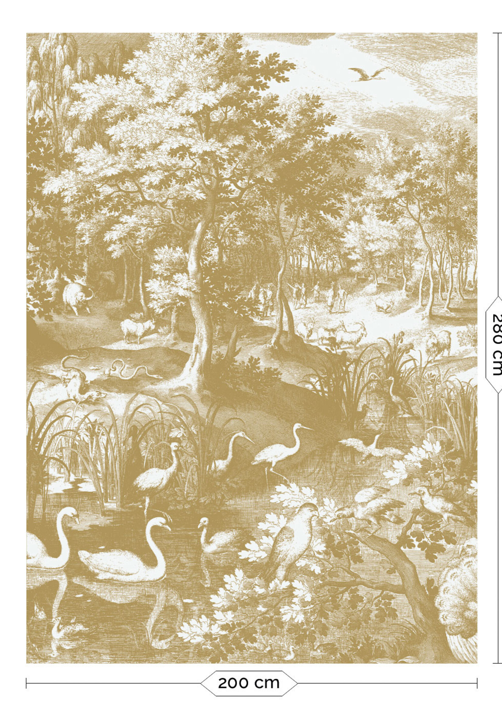 Goud metallic | Afwasbaar Goud behang Engraved Landscapes, Off-white
