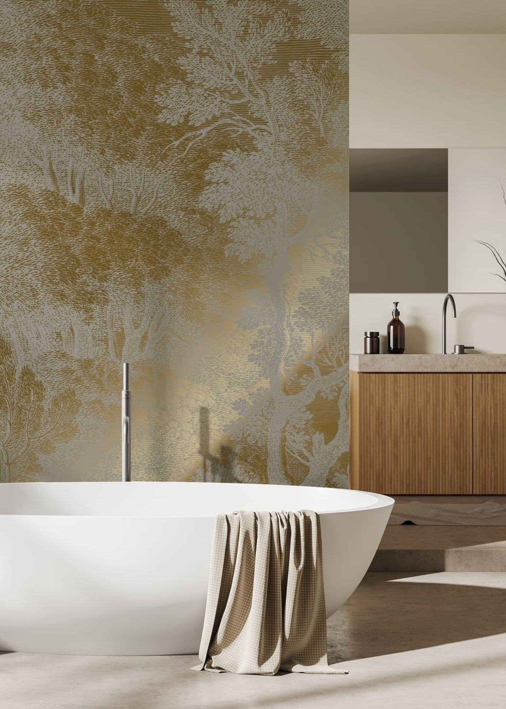 Goud metallic | Afwasbaar Goud behang Engraved Landscapes, Grijs