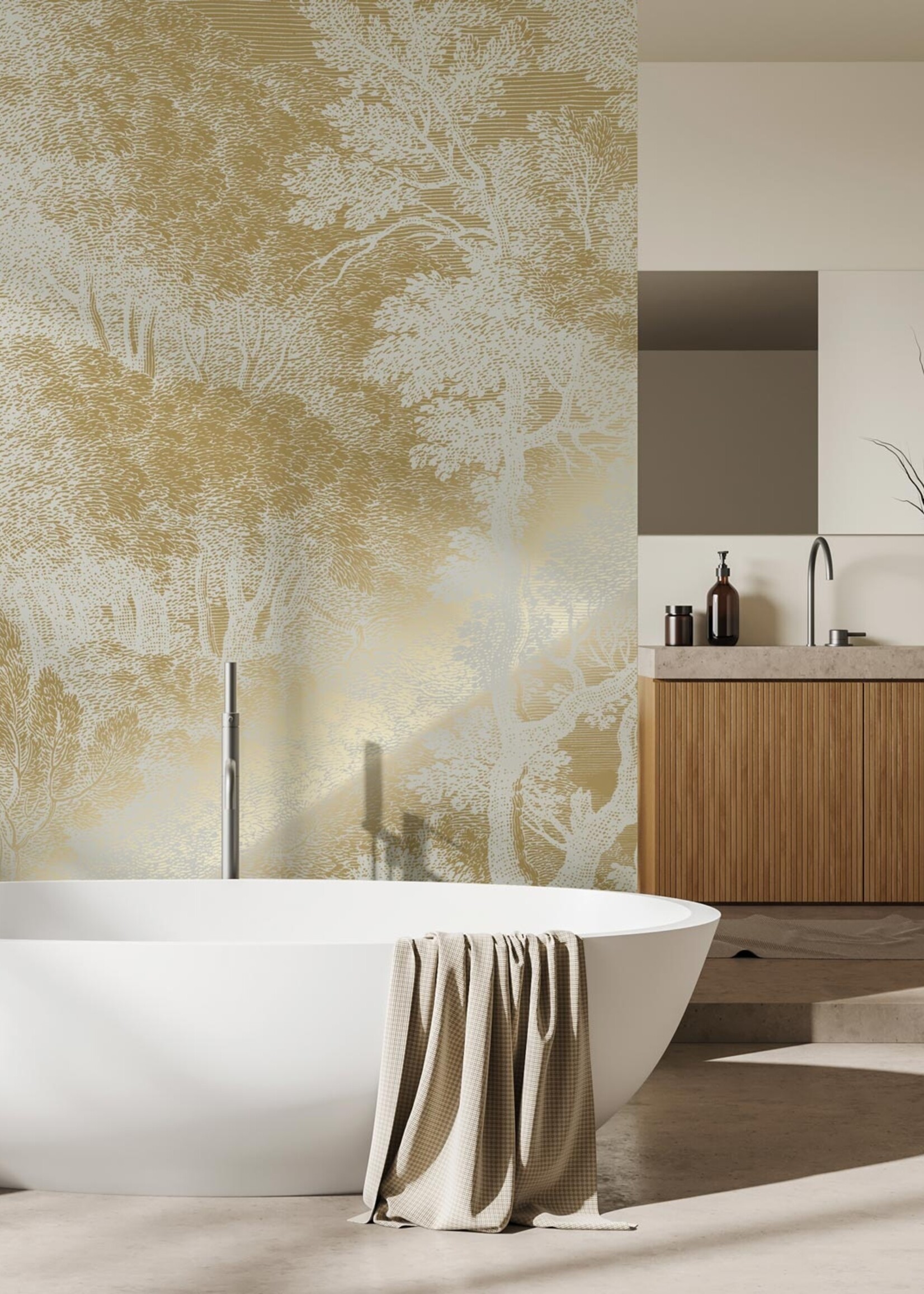 Goud metallic | Afwasbaar Goud behang Engraved Landscapes, Zand