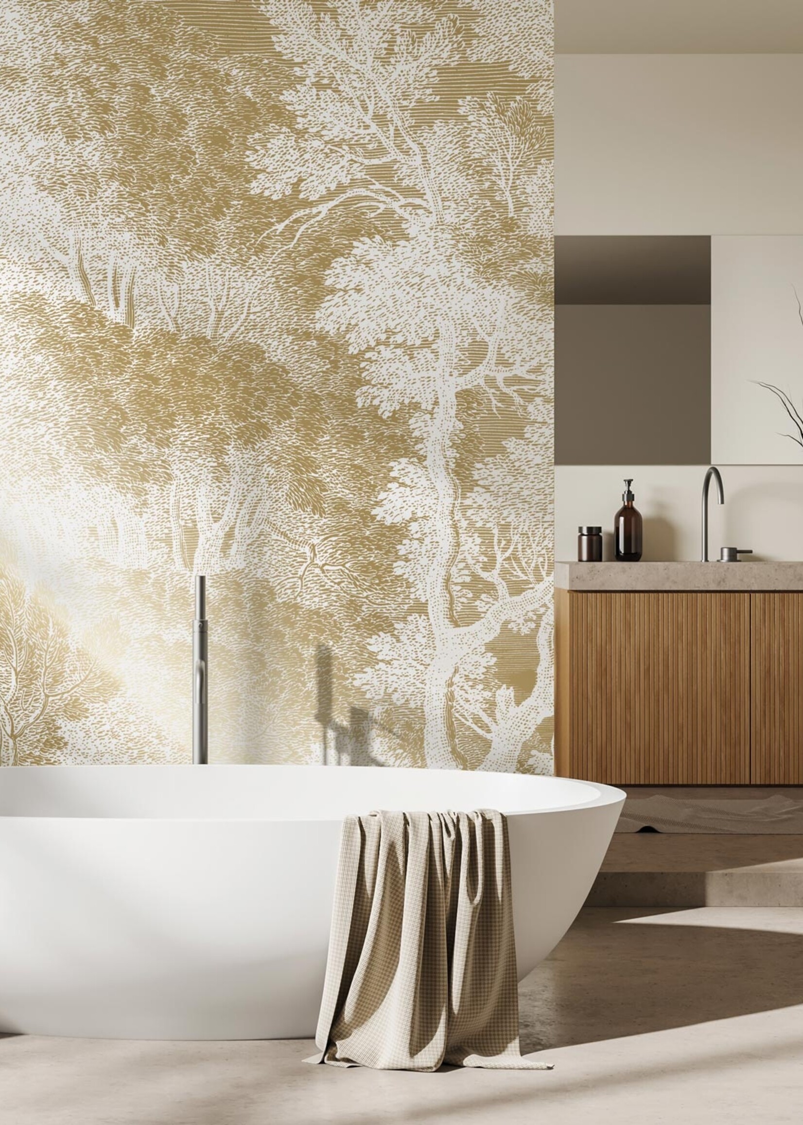 Goud metallic | Afwasbaar Goud behang Engraved Landscapes, Off-white