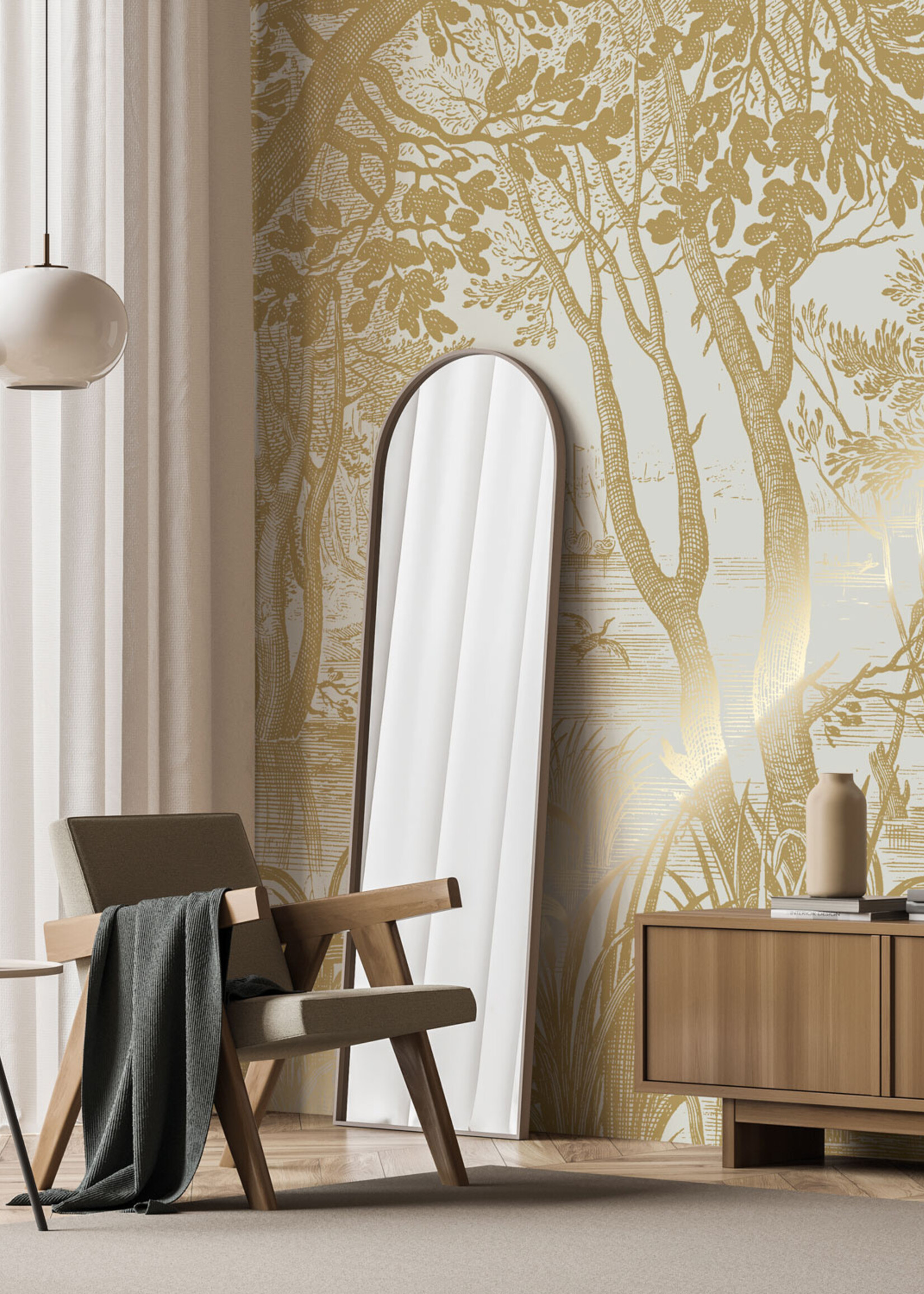 Goud metallic | Afwasbaar Goud behang Engraved Landscapes, Zand
