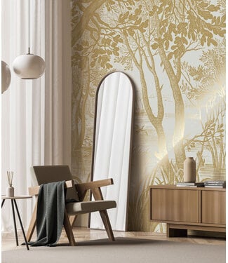 Goud metallic | Afwasbaar Goud behang Engraved Landscapes