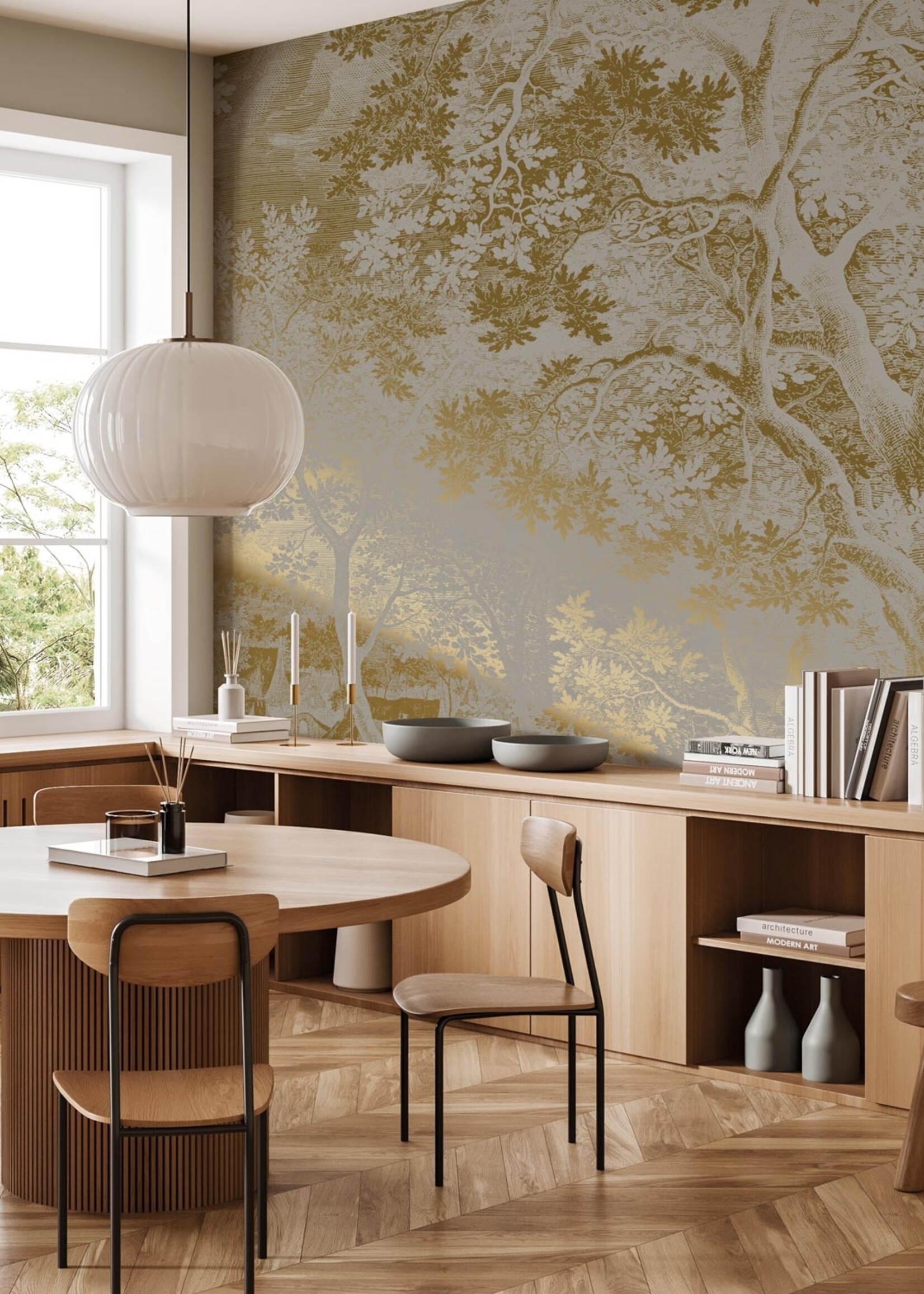 Goud metallic | Afwasbaar Goud behang Engraved Landscapes, Grijs