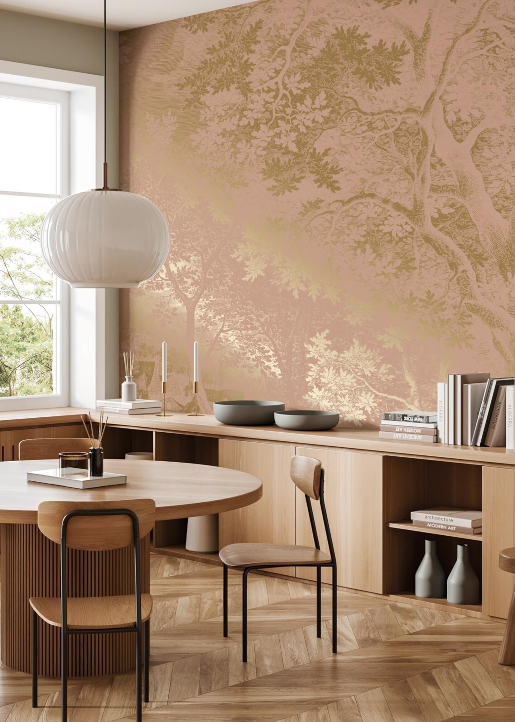 Goud metallic | Afwasbaar Gold-Tapete Engraved Landscapes, Rosa