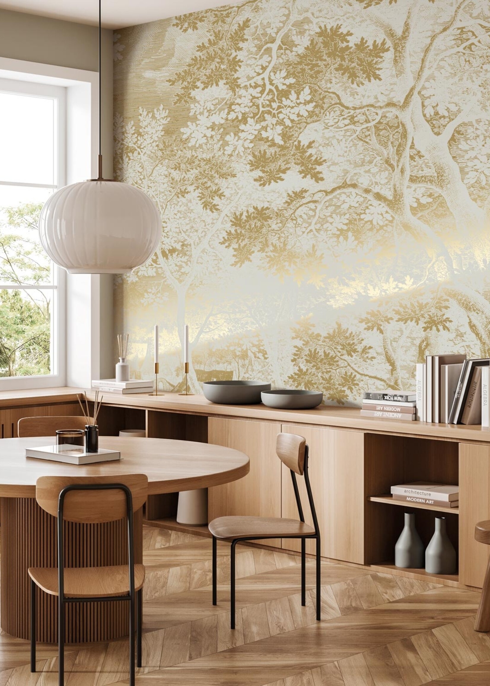 Goud metallic | Afwasbaar Goud behang Engraved Landscapes, Zand